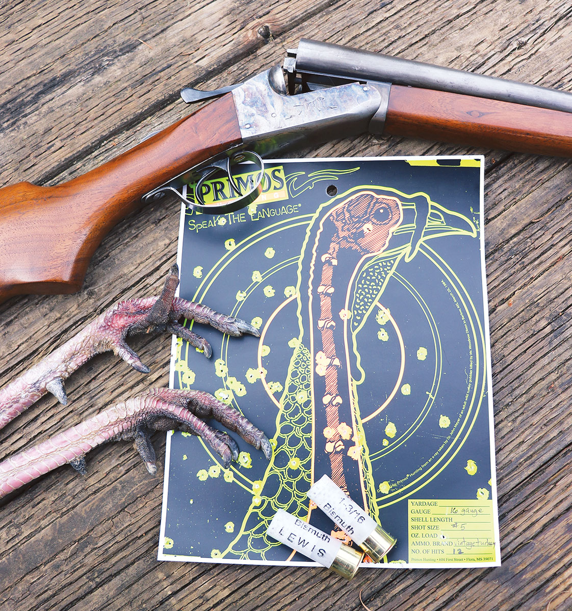 Twelve pellets in the turkey target vital zone at 25 yards with the Western Arms Long Range. The first indication that the right barrel was shooting left of the point of aim.
